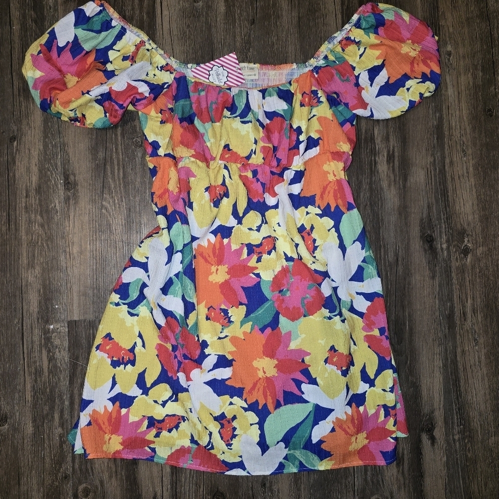 Peach Love California Floral Puff Sleeve Off‑Shoulder Dress NWT (M)